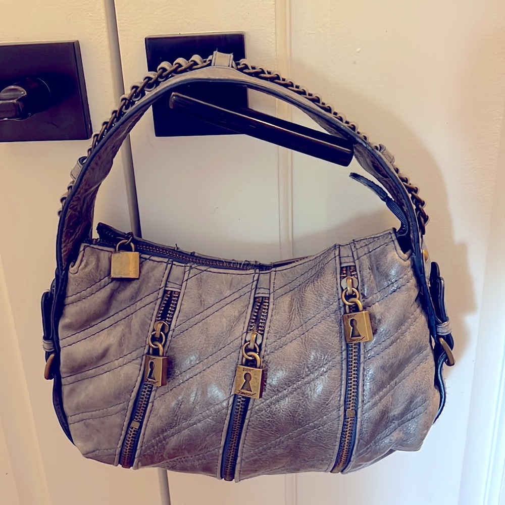 Betsy Johnson Blue Indigo Leather Pochette  Handbag Padlock Chain Purse AUTH